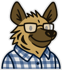 A cartoon hyena wearing glasses and a plaid shirt.